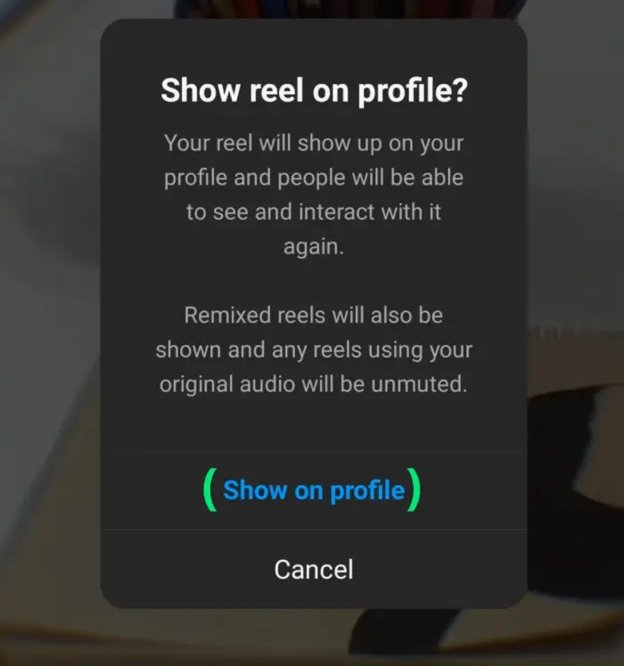 انتخاب گزینه‌ی  show on profile برای بازگرداندن ریلز به صفحه اصلی