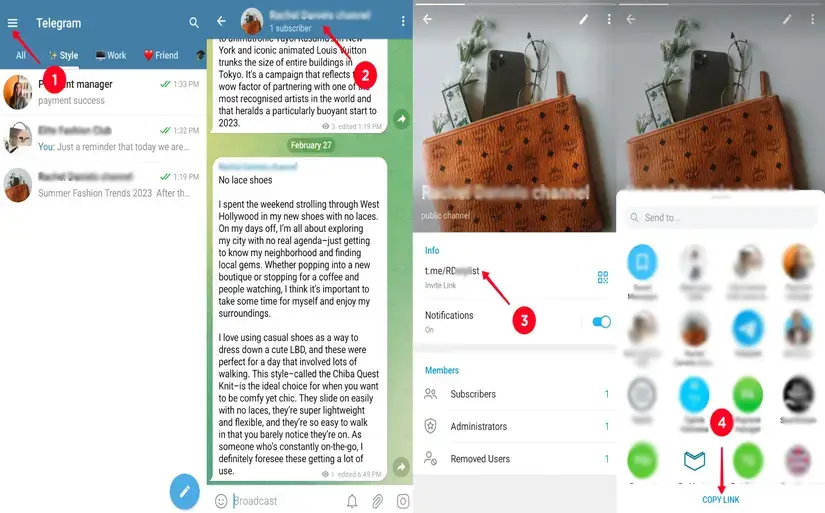 مراحل کپی لینک کانال عمومی تلگرام برای بیو