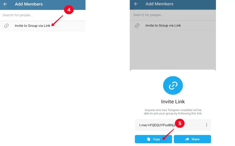 مراحل چهارم و پنجم کپی کردن لینک گروه‌های خصوصی تلگرام