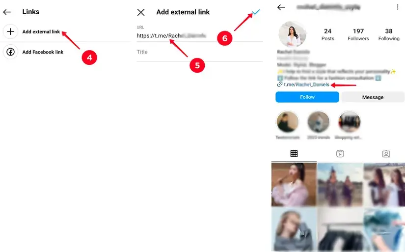 مراحل چهارم تا ششم روش گذاشتن لینک تلگرام در بیو اینستاگرام