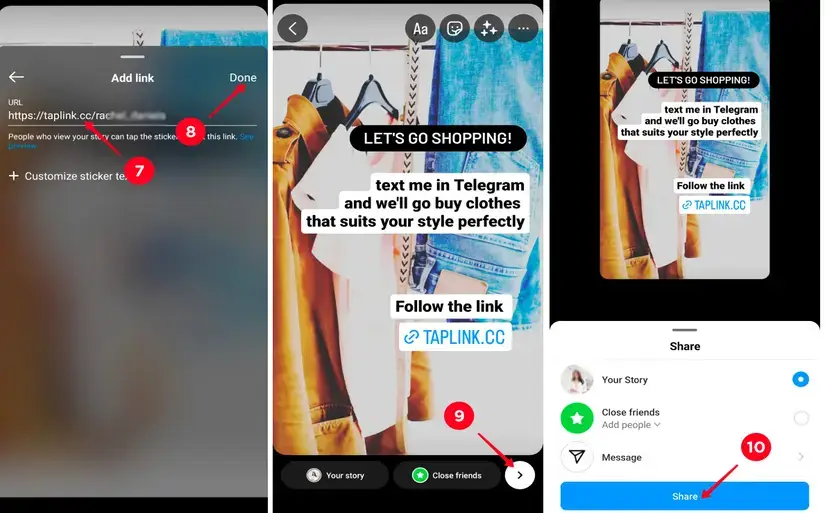  مراحل هفتم تا دهم روش گذاشتن لینک تلگرام در استوری اینستاگرام