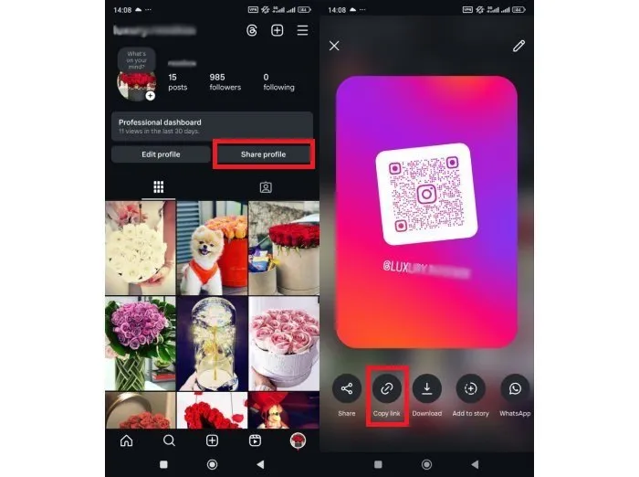 کپی لینک پیج اینستاگرام