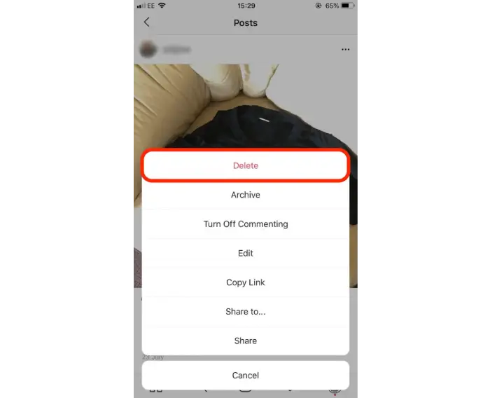 حذف پست اینستاگرام
