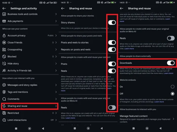 جلوگیری از دانلود پست، ریلز و استوری