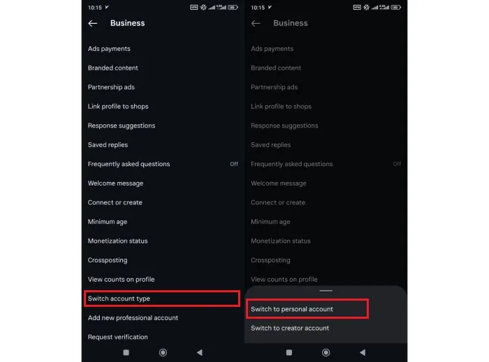 خروج از حالت بیزینس در اینستاگرام